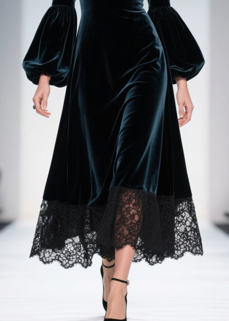 Vestidos de noche de terciopelo de seda con encaje y patchwork azul pavo real y mangas farol