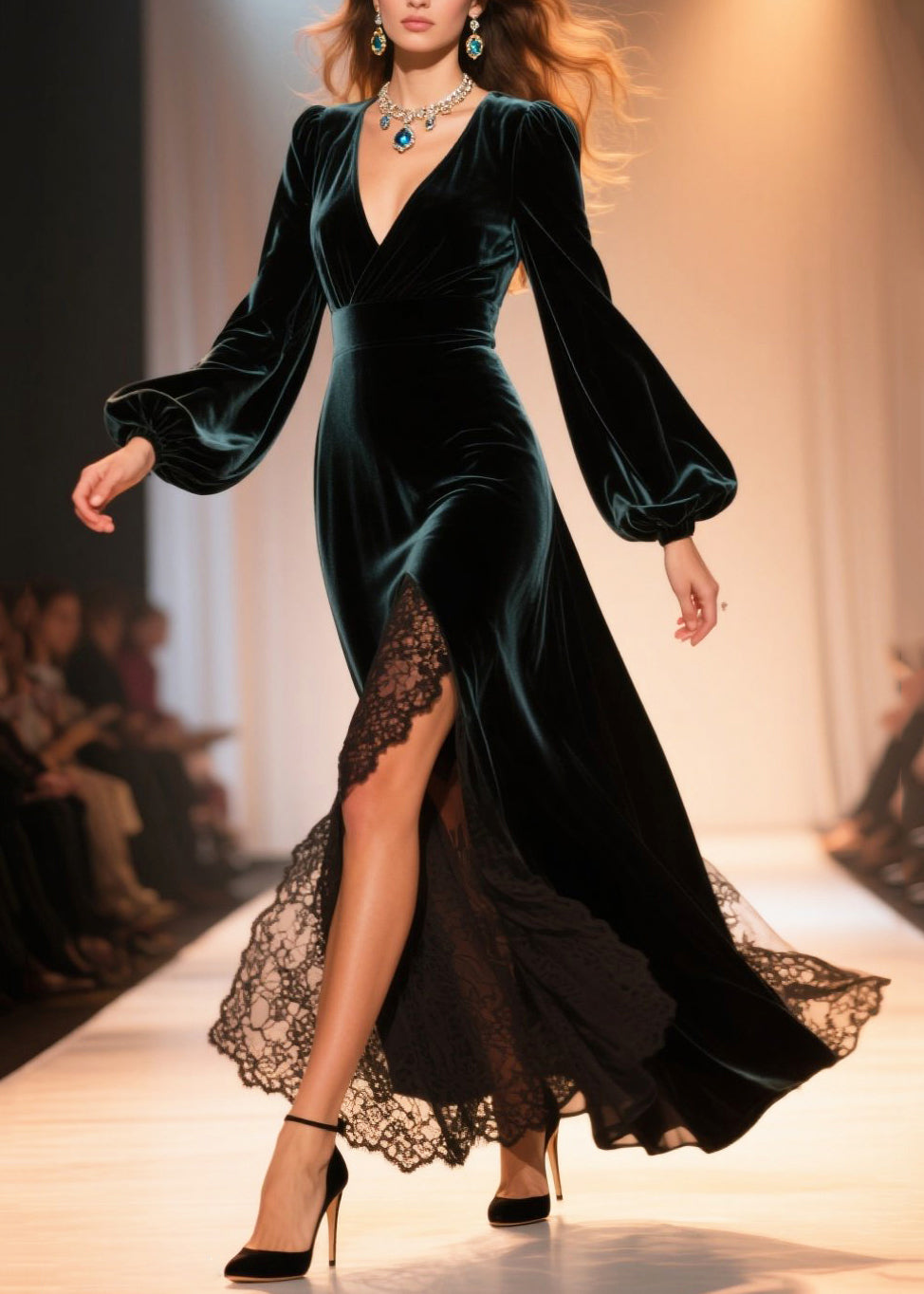 Vestido de fiesta de terciopelo de seda con encaje y patchwork verde pavo real, mangas acampanadas laterales abiertas