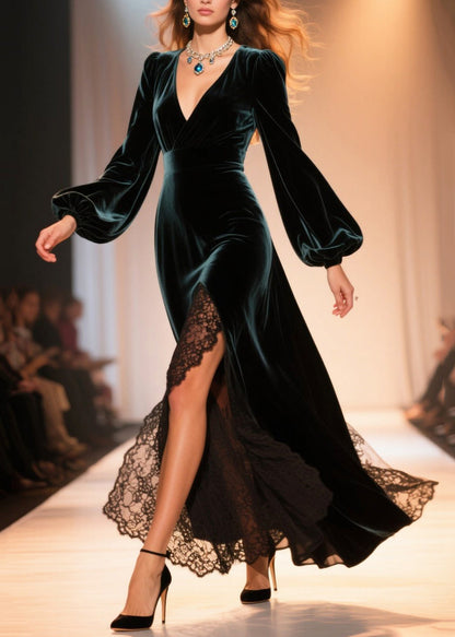 Vestido de fiesta de terciopelo de seda con encaje y patchwork verde pavo real, mangas acampanadas laterales abiertas