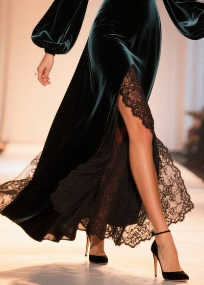 Vestido de fiesta de terciopelo de seda con encaje y patchwork verde pavo real, mangas acampanadas laterales abiertas