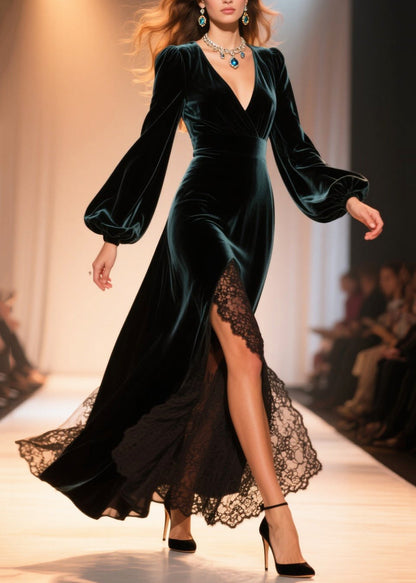 Vestido de fiesta de terciopelo de seda con encaje y patchwork verde pavo real, mangas acampanadas laterales abiertas