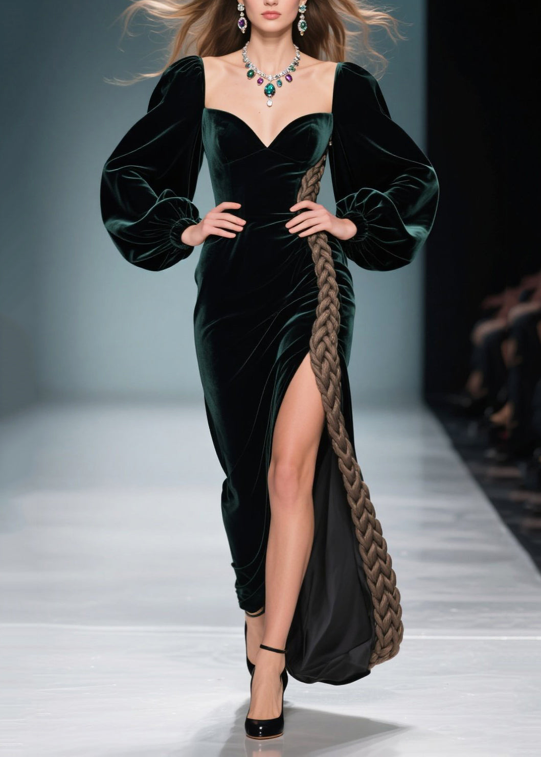 Vestido de noche de terciopelo de seda con patchwork verde pavo real y abertura lateral para primavera