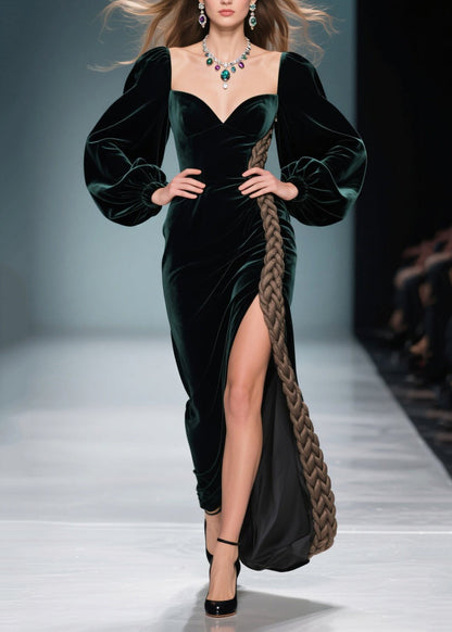 Vestido de noche de terciopelo de seda con patchwork verde pavo real y abertura lateral para primavera