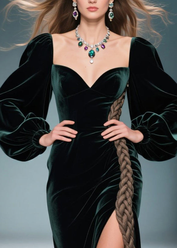 Vestido de noche de terciopelo de seda con patchwork verde pavo real y abertura lateral para primavera