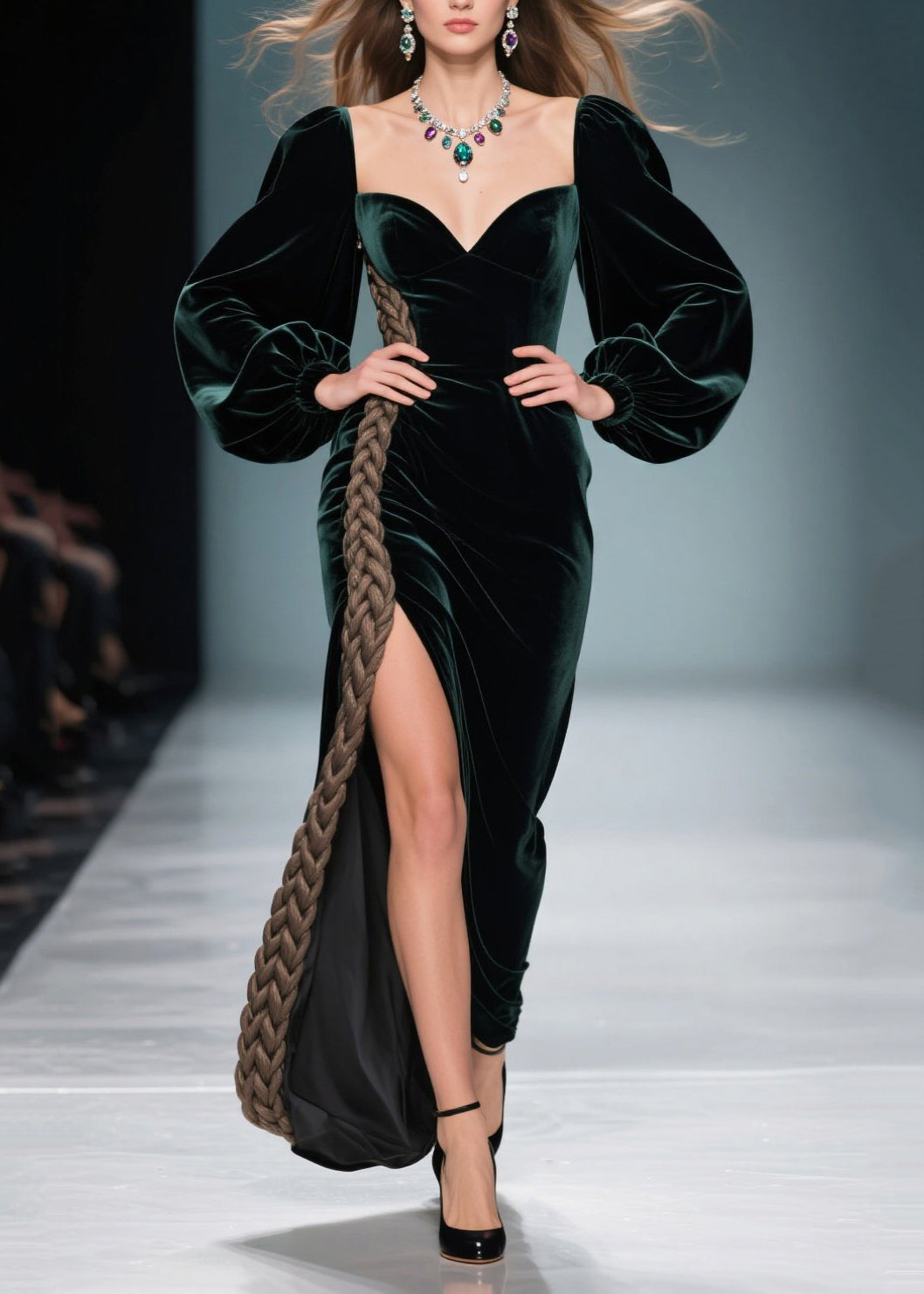 Vestido de noche de terciopelo de seda con patchwork verde pavo real y abertura lateral para primavera