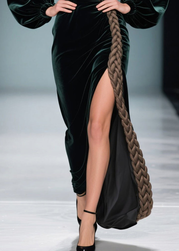 Vestido de noche de terciopelo de seda con patchwork verde pavo real y abertura lateral para primavera