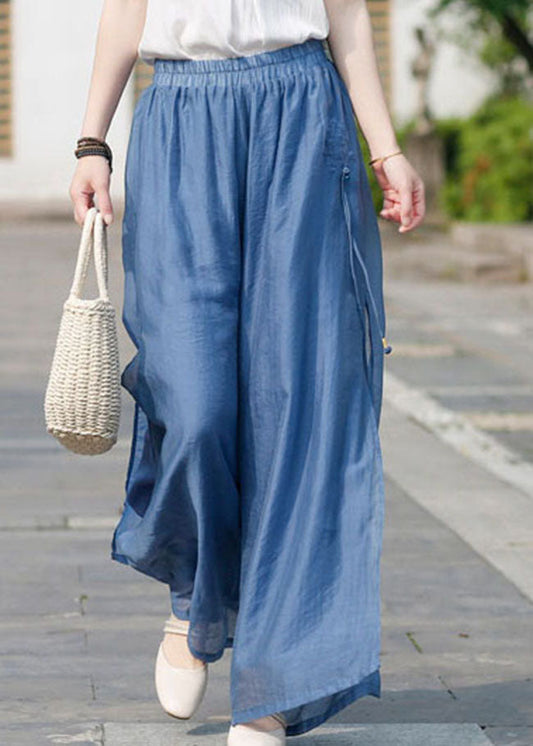 Pfauenblaue Leinenhose mit weitem Bein, doppelreihig, Frühling