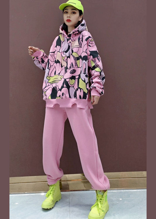 Rosa Animal Print Warm Fleece Zwei Stücke Set kordelzug Frühling