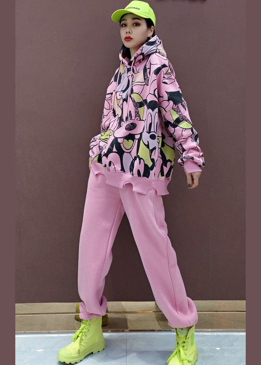 Rosa Animal Print Warm Fleece Zwei Stücke Set kordelzug Frühling