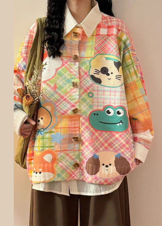 Pink Button Cartoon Print Knit Sweater Tops O Neck Spring