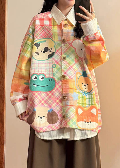 Pink Button Cartoon Print Knit Sweater Tops O Neck Spring