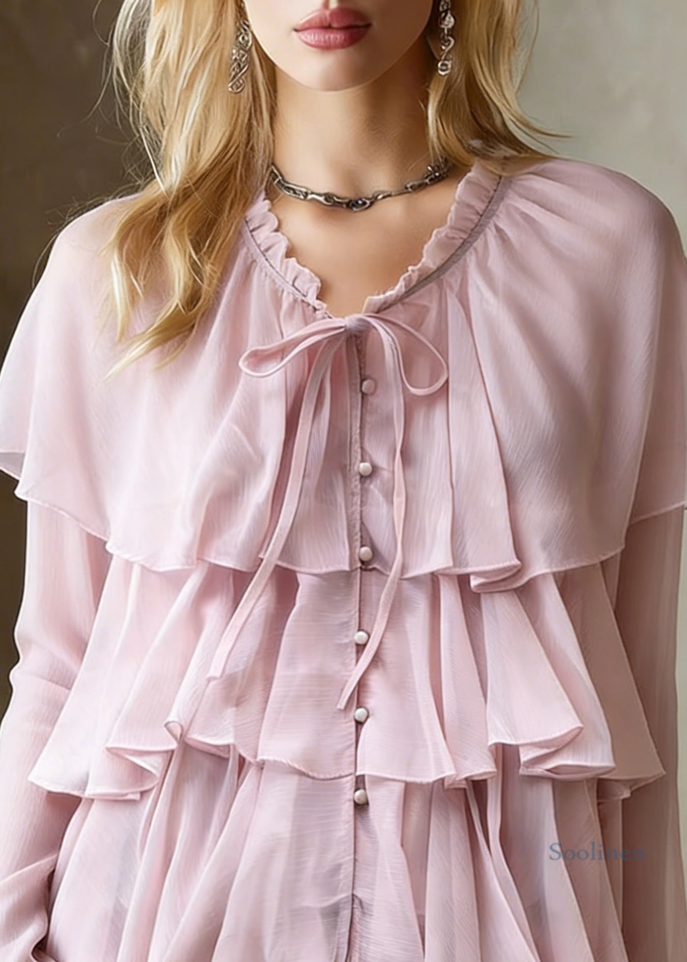 Pink Button Lace Up Cotton Blouses Ruffled Spring