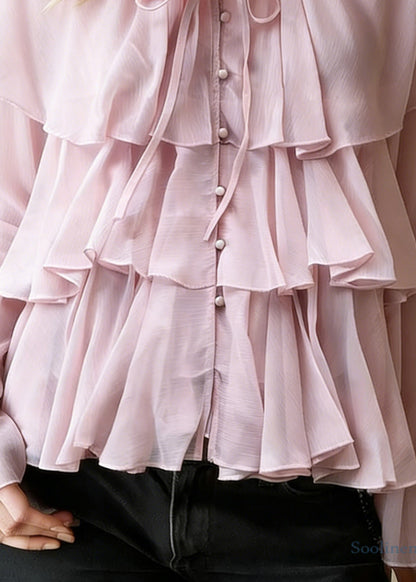 Pink Button Lace Up Cotton Blouses Ruffled Spring