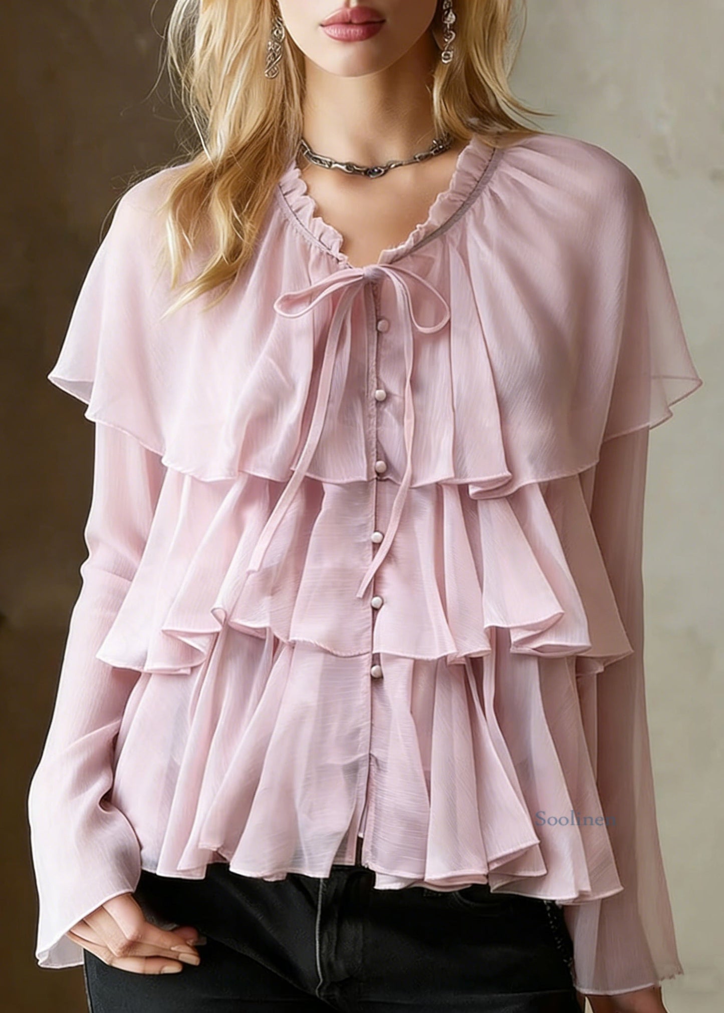 Pink Button Lace Up Cotton Blouses Ruffled Spring