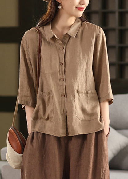 Pink Button Pockets Linen Bracelet Sleeve Blouses Peter Pan Collar