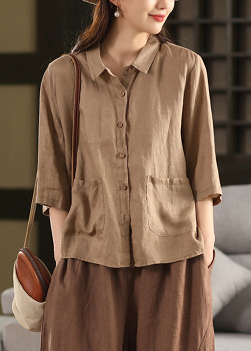 Pink Button Pockets Linen Bracelet Sleeve Blouses Peter Pan Collar