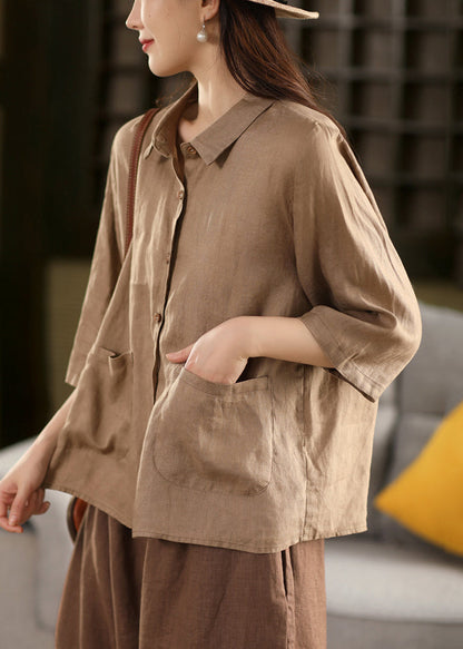 Pink Button Pockets Linen Bracelet Sleeve Blouses Peter Pan Collar