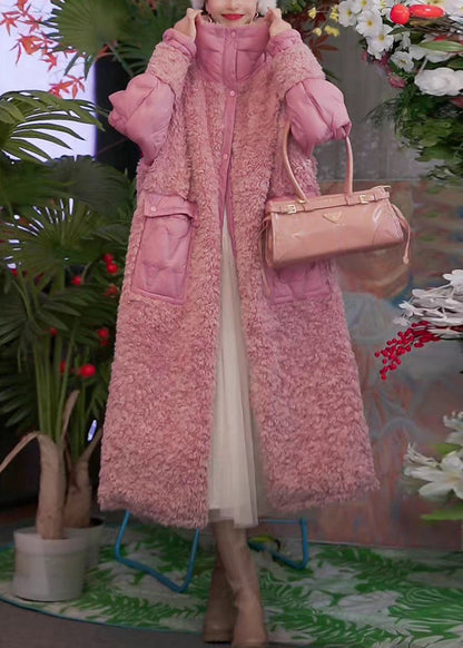 Abrigos de plumón de pato con cuello alto, bolsillos y botones rosas