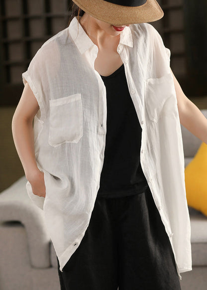 Pink Button Pockets Solid Cotton Summer Shirt Peter Pan Collar