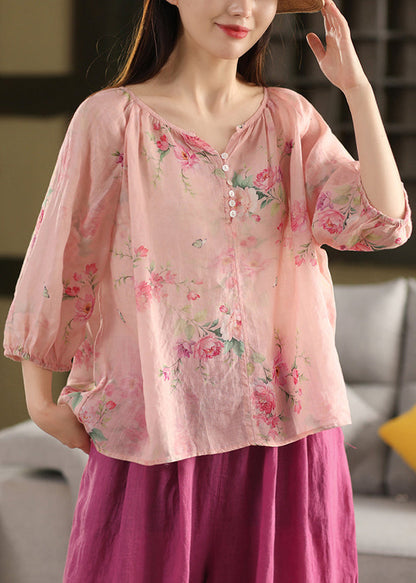 Pink Button Print Linen Blouse Top V Neck Summer