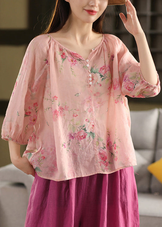 Pink Button Print Linen Blouse Top V Neck Summer