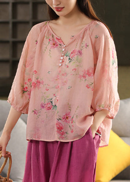 Pink Button Print Linen Blouse Top V Neck Summer