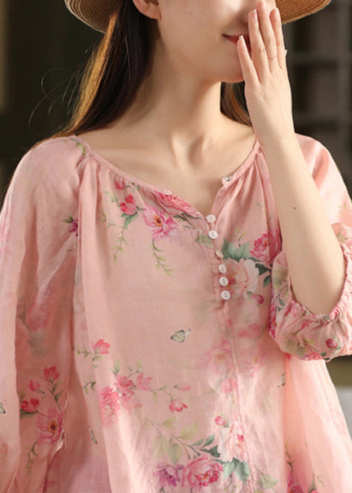 Pink Button Print Linen Blouse Top V Neck Summer