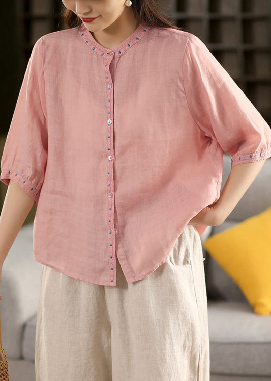 Pink Button Solid Linen Blouse Embroidered Summer