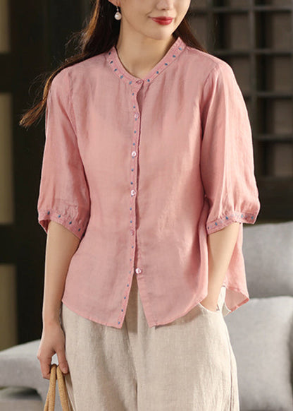 Pink Button Solid Linen Blouse Embroidered Summer
