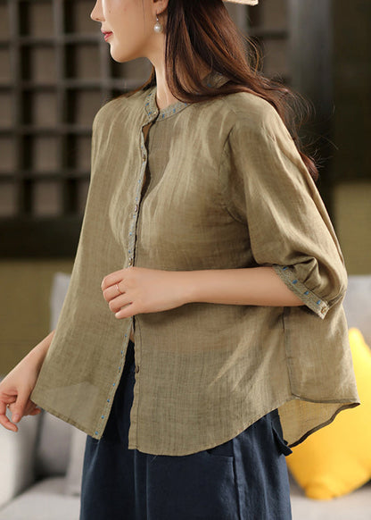 Pink Button Solid Linen Blouse Embroidered Summer