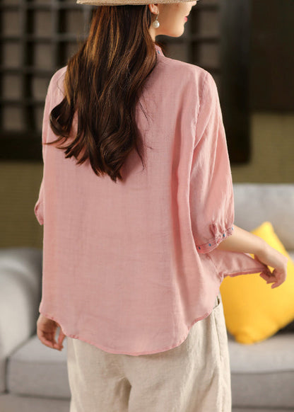 Pink Button Solid Linen Blouse Embroidered Summer