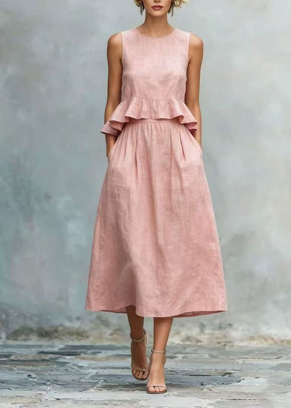 Pink Cotton Party Dress O-Neck Ruffled Summer