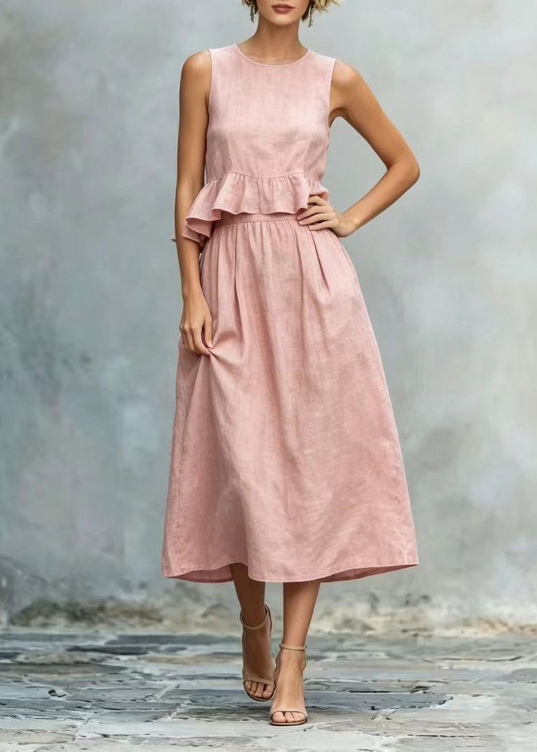 Pink Cotton Party Dress O-Neck Ruffled Summer