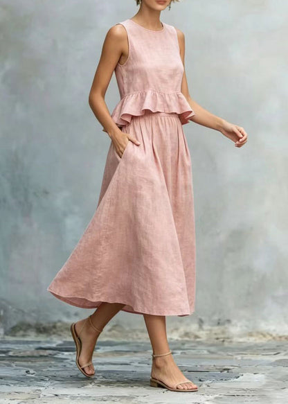 Pink Cotton Party Dress O-Neck Ruffled Summer