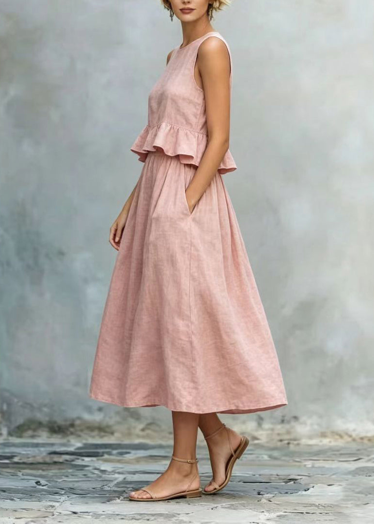 Pink Cotton Party Dress O-Neck Ruffled Summer