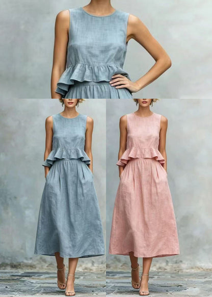 Pink Cotton Party Dress O-Neck Ruffled Summer