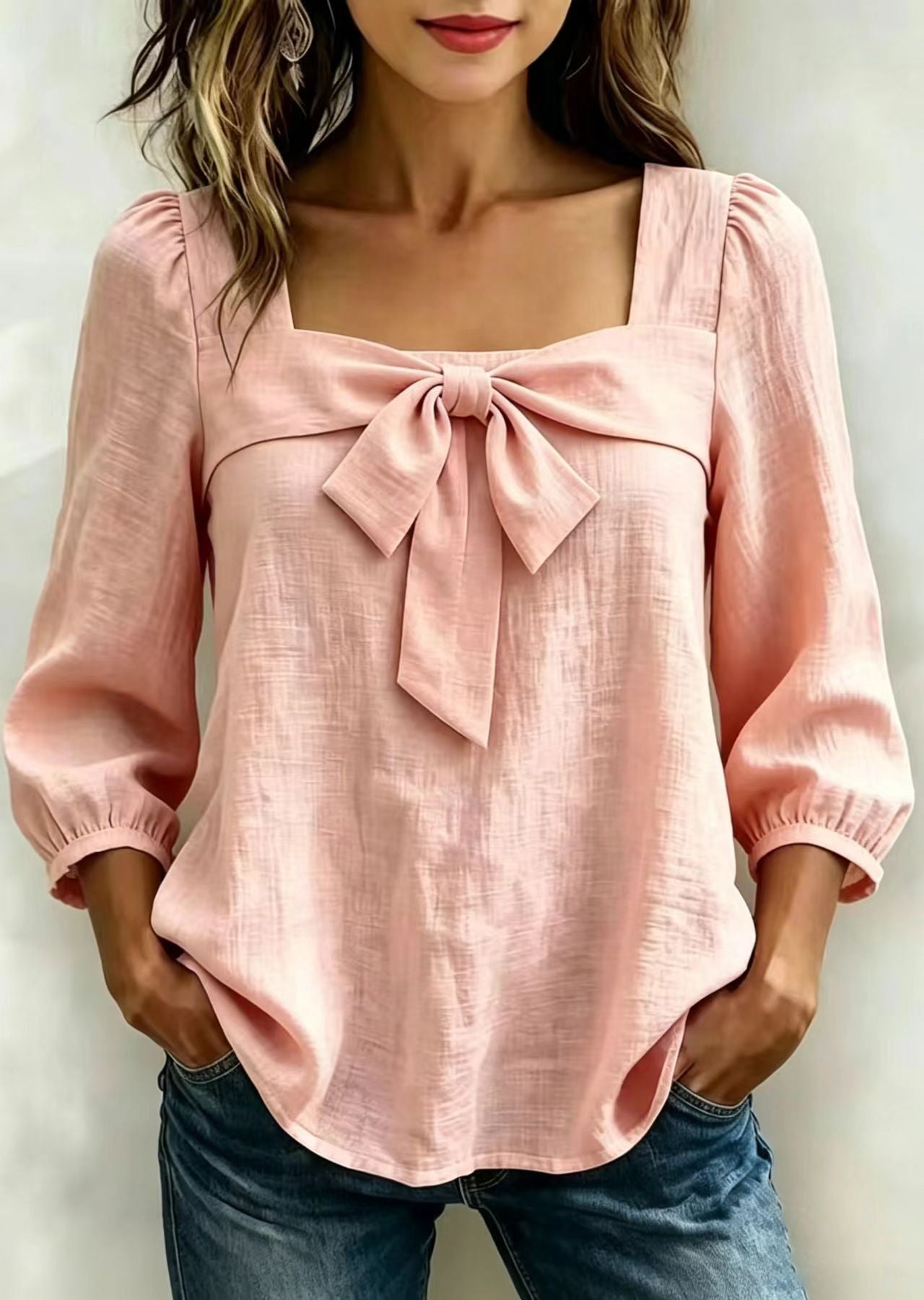 Pink Cotton Shirts Bow Square Collar Long Sleeve