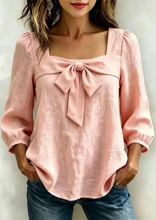 Pink Cotton Shirts Bow Square Collar Long Sleeve