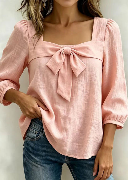 Pink Cotton Shirts Bow Square Collar Long Sleeve