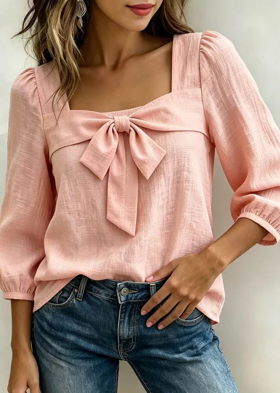 Pink Cotton Shirts Bow Square Collar Long Sleeve