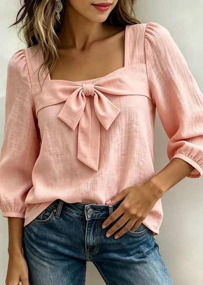 Pink Cotton Shirts Bow Square Collar Long Sleeve