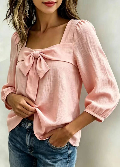 Pink Cotton Shirts Bow Square Collar Long Sleeve