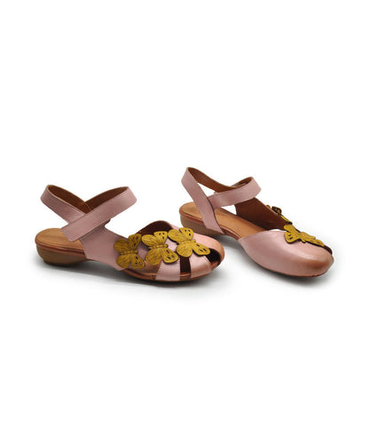 Pink Cowhide Leather Hollow Out Butterfly Splicing Walking Sandals