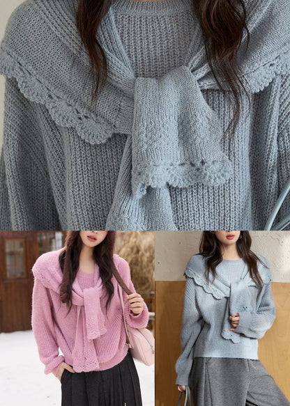 Conjunto de dos piezas de suéter y chal de punto de algodón liso y acogedor en color rosa para primavera