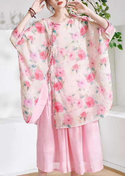 Pink Cute Print Asymmetrical Design Summer Half Sleeve Top - SooLinen