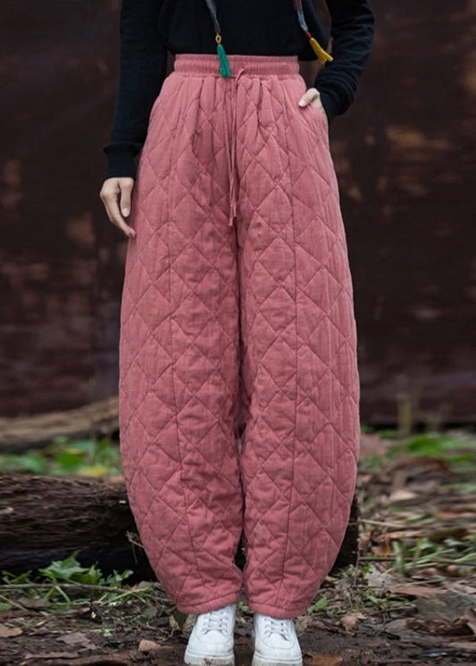 Pantalones de invierno a cuadros con cintura elástica de color rosa y relleno de algodón grueso