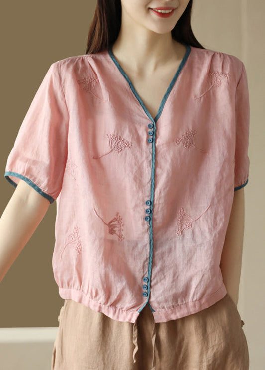 Rosa bestickte Patchwork Ramie Shirts Kurzarm