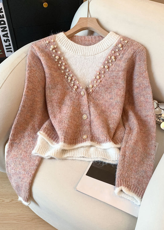 Pink False Two Pieces Patchwork Knit Sweater O-Neck