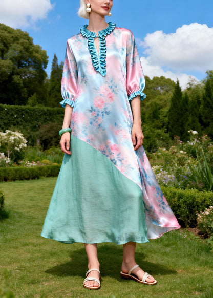 Pink Floral Patchwork Linen Silk Dress Ruffled Summer
