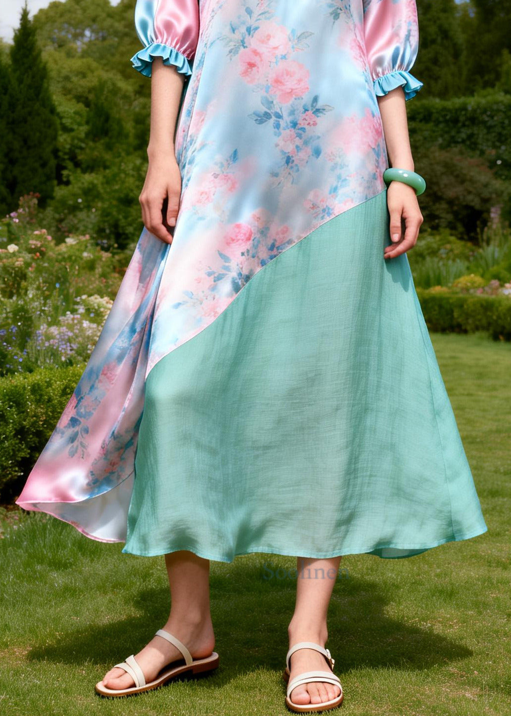 Pink Floral Patchwork Linen Silk Dress Ruffled Summer